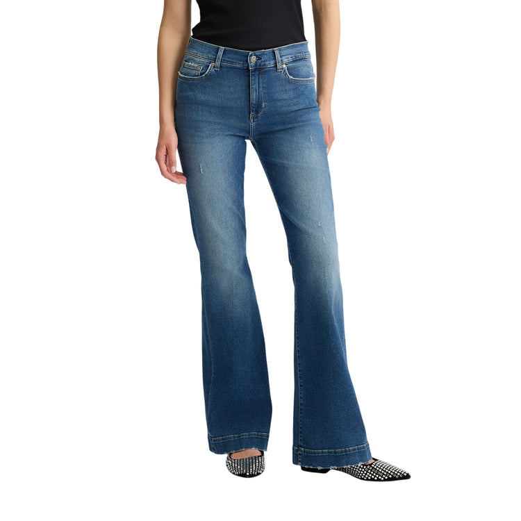 Jeans Donna a zampa blu scuro con strass retro modella frontale