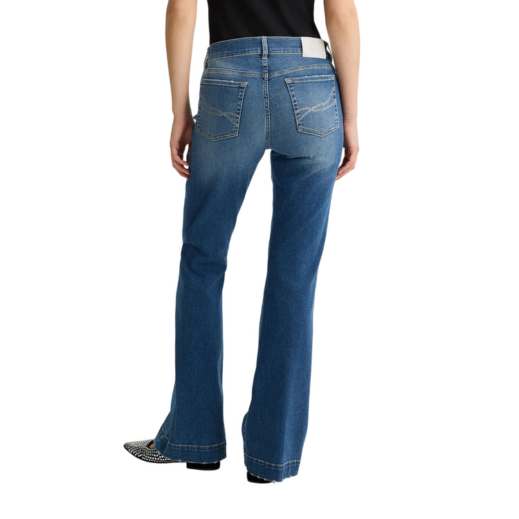 Jeans Donna a zampa blu scuro con strass retro modella retro