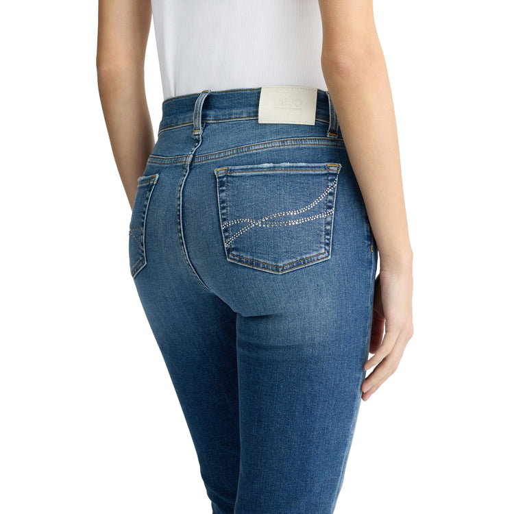 Jeans Donna a zampa blu con strass dettaglio retro