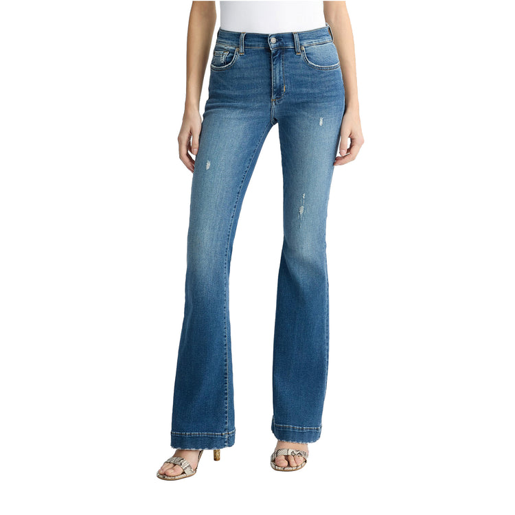Jeans Donna a zampa blu con strass modella frontale