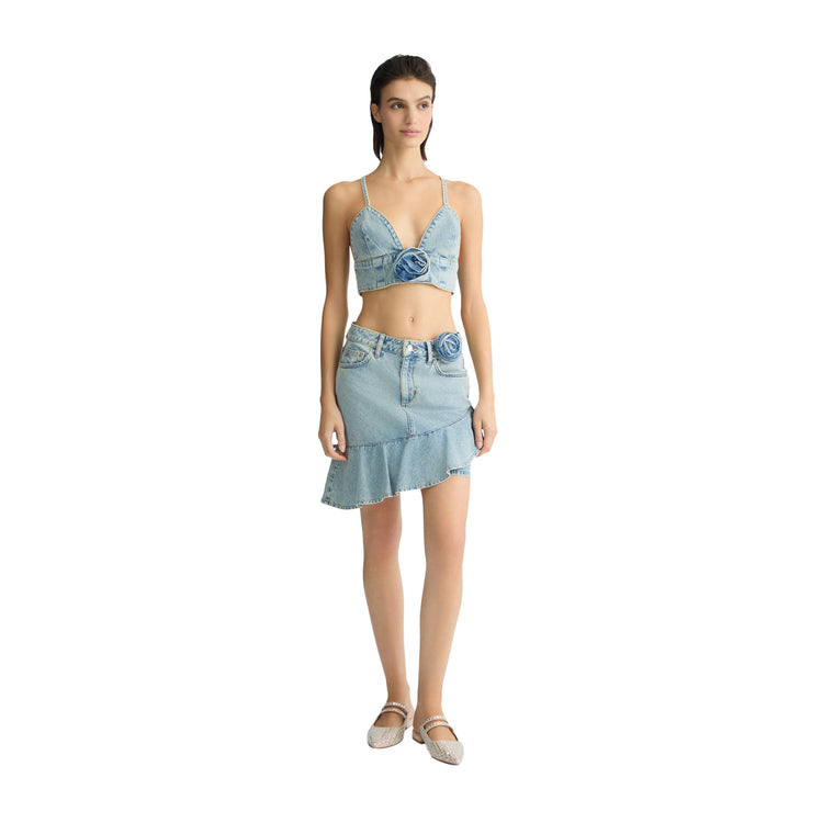 Minigonna Donna in denim lavaggio used modella intera frontale