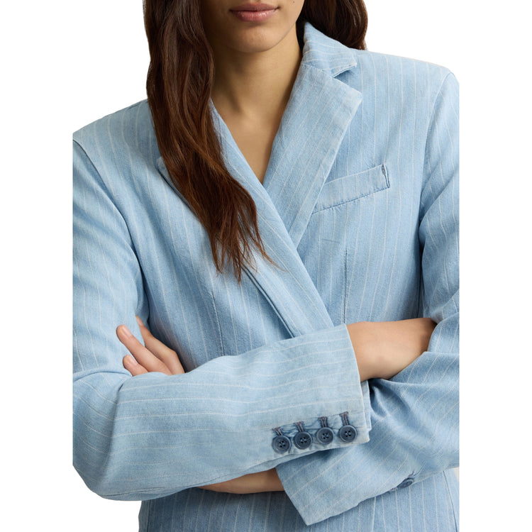 Blazer Donna in denim gessato modella frontale ravvicinata