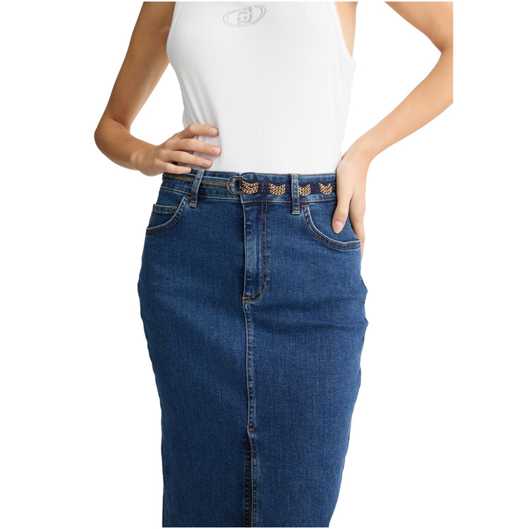 Gonna Donna longuette in denim di cotone stretch modella frontale ravvicinata