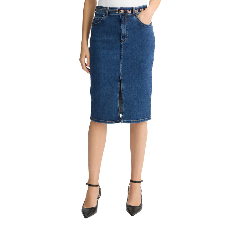 Gonna Donna longuette in denim di cotone stretch modella frontale