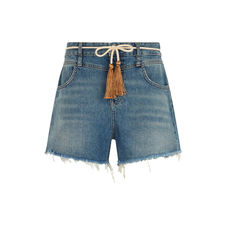 Shorts Donna in denim con cinta con nappine