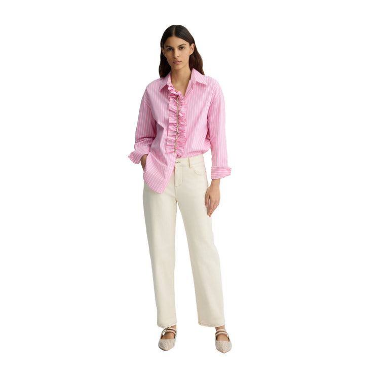 Jeans boyfriend Donna a vita bassa beige modella frontale intera