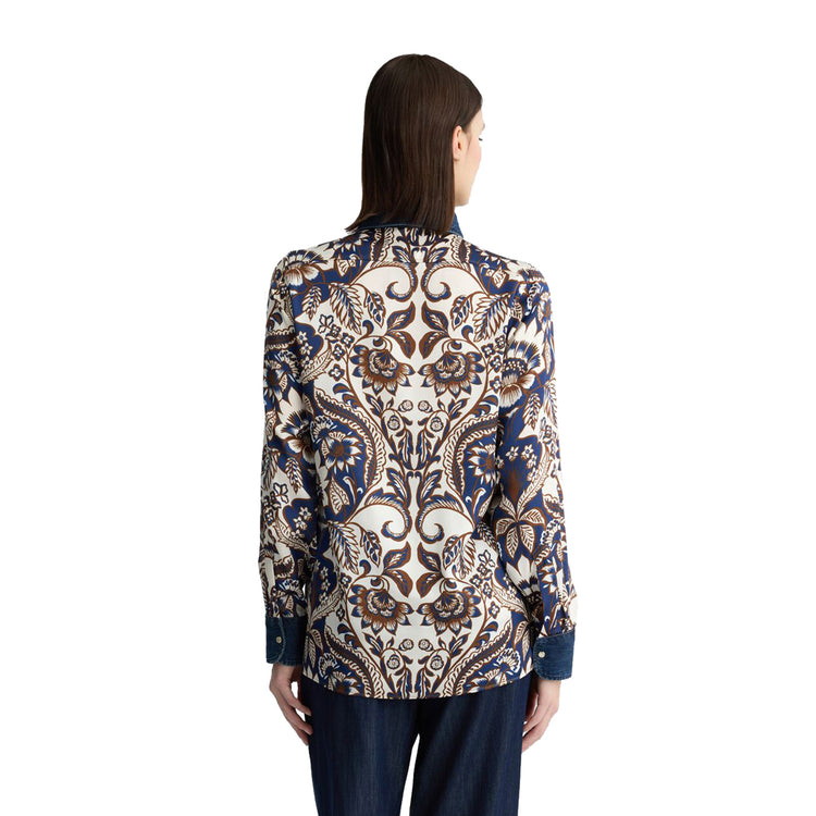 Camicia Donna in raso stampato con inserti denim modella retro
