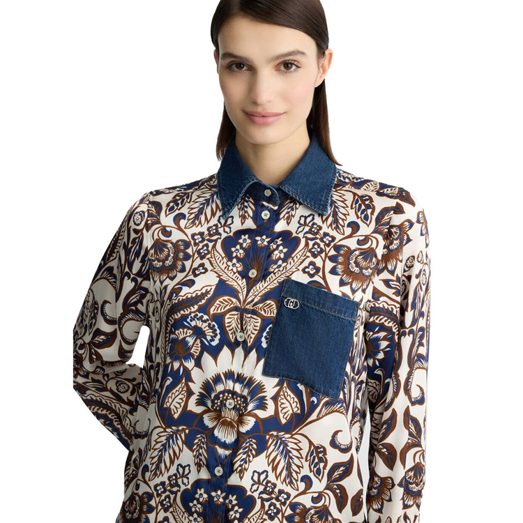Camicia Donna in raso stampato con inserti denim modella frontale ravvicinata