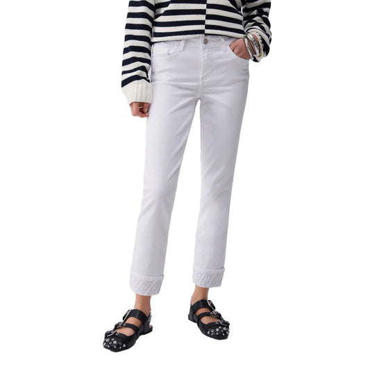 Pantaloni skinny Donna con risvolto e strass Bianco modella frontale