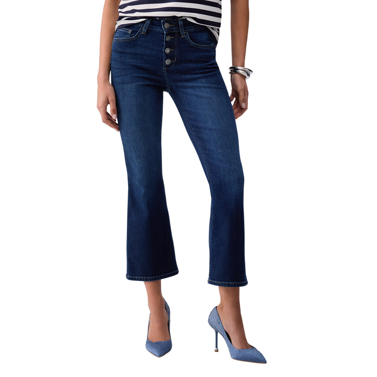Jeans bootcut a vita alta con bottoni gioiello
