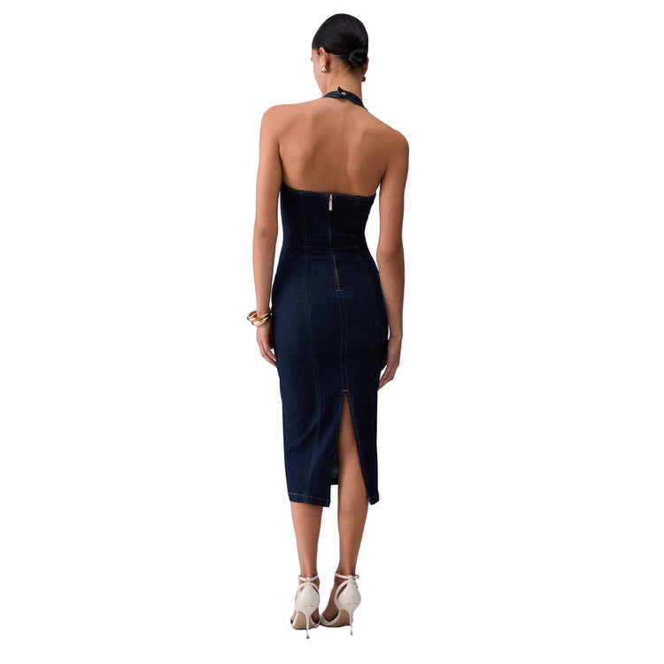 Abito midi Donna in denim con zip modella retro