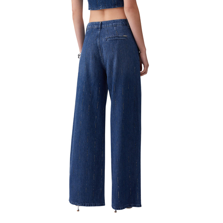 Jeans Donna a gamba larga con strass modella retro