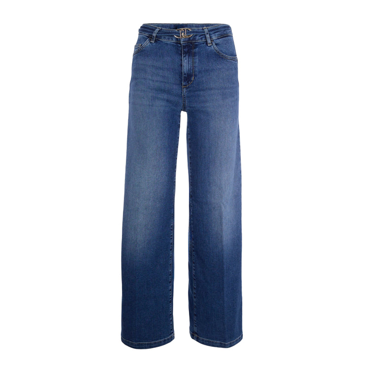 Jeans flare blu medio con cintura con fibbia