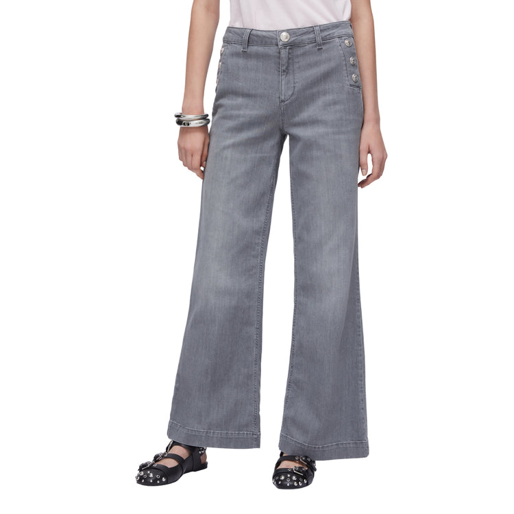 Jeans Donna in denim grigio con bottoni modella frontale