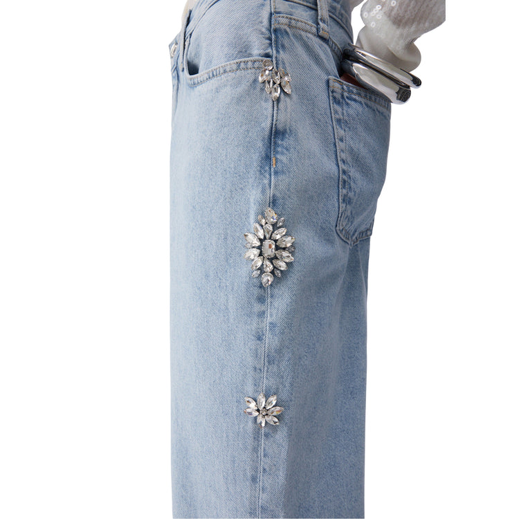 Jeans Donna denim chiaro con ricami gioiello dettaglio gioielli