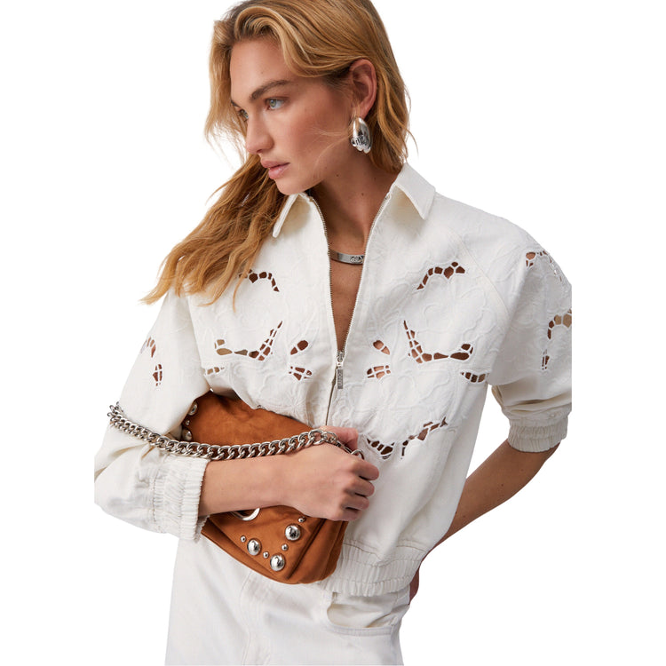 Giubbino bomber Donna con ricamo traforato Bianco modella frontale ravicinata