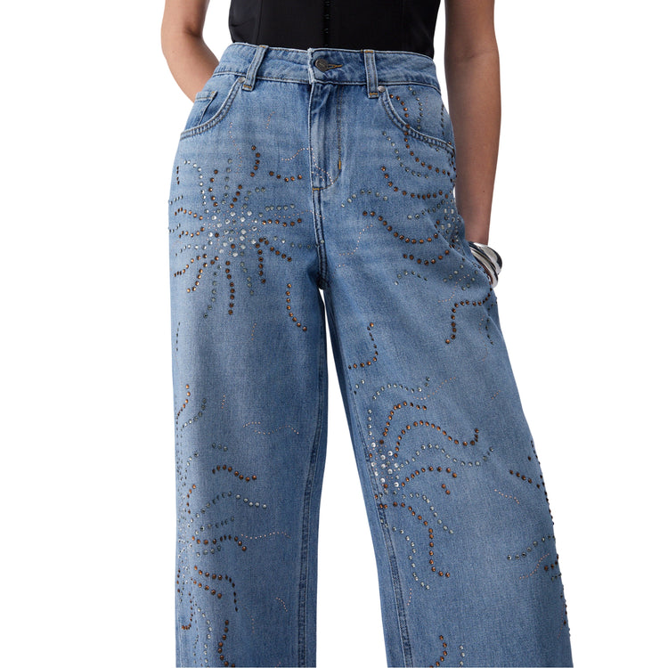 Jeans straight con strass in denim blu chiaro