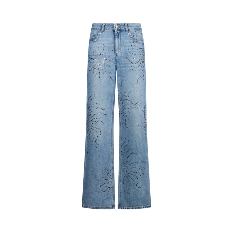 Jeans straight con strass in denim blu chiaro