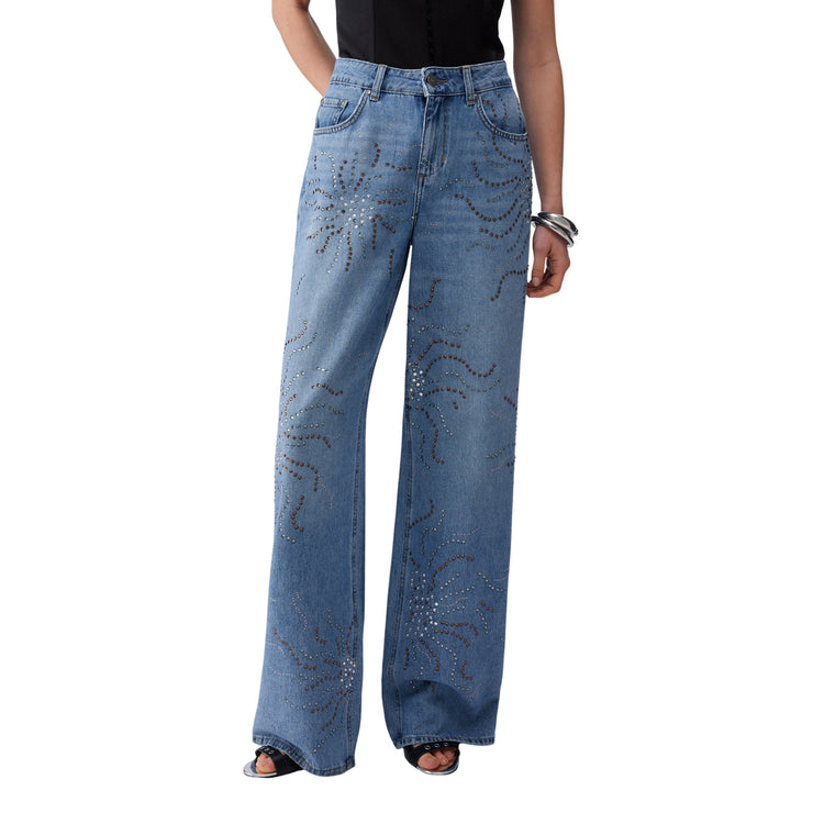 Jeans straight con strass in denim blu chiaro