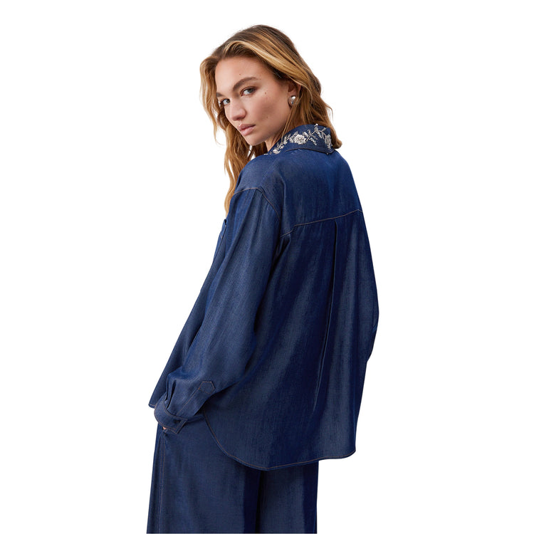 Camicia in denim con colletto di gioielli removibile in denim