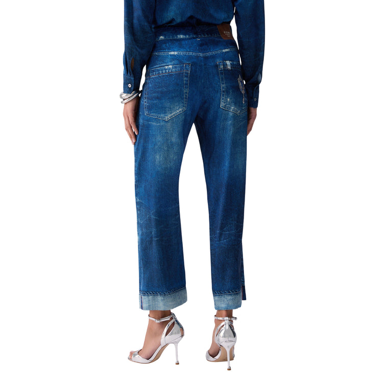 Jeans straight con stampa digitale e risvolto da donna