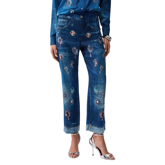 Jeans straight con stampa digitale e risvolto da donna