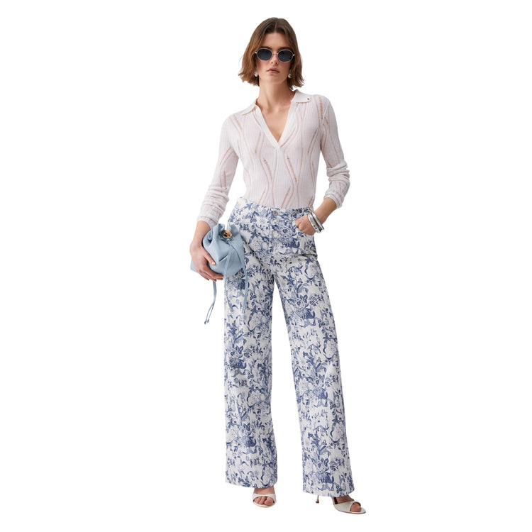 Pantaloni con stampa a fiori in azzurro e bianco