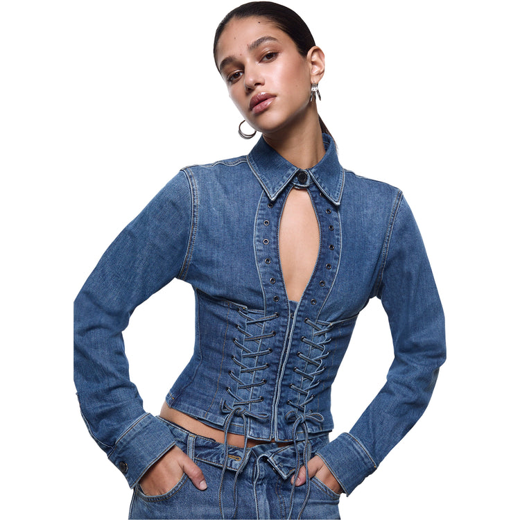 Camicia Donna in denim con stringhe modella frontale