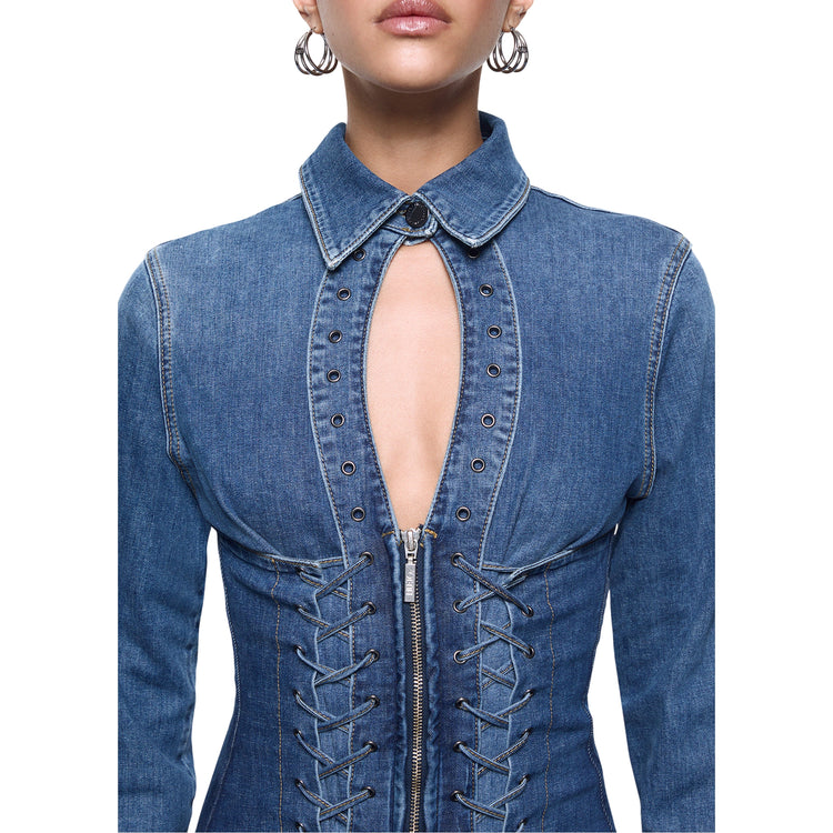 Abito corto Donna in denim con stringhe dettaglio frontale