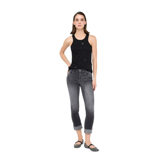 Jeans Skinny Donna con risvolto in denim grigio modella intera frontale