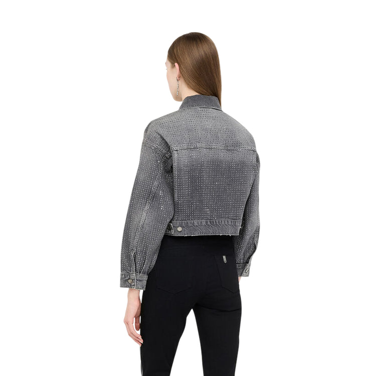 Giacca Donna in denim con strass Grigio modella retro