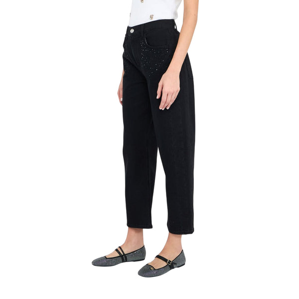 Jeans boyfriend Donna con strass Nero modella laterale