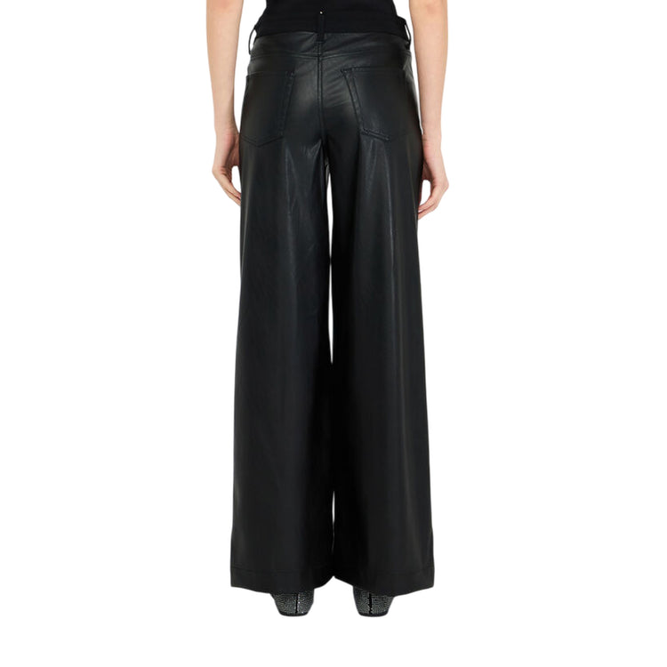 Pantaloni Donna Flare in tessuto spalmato nero modella retro