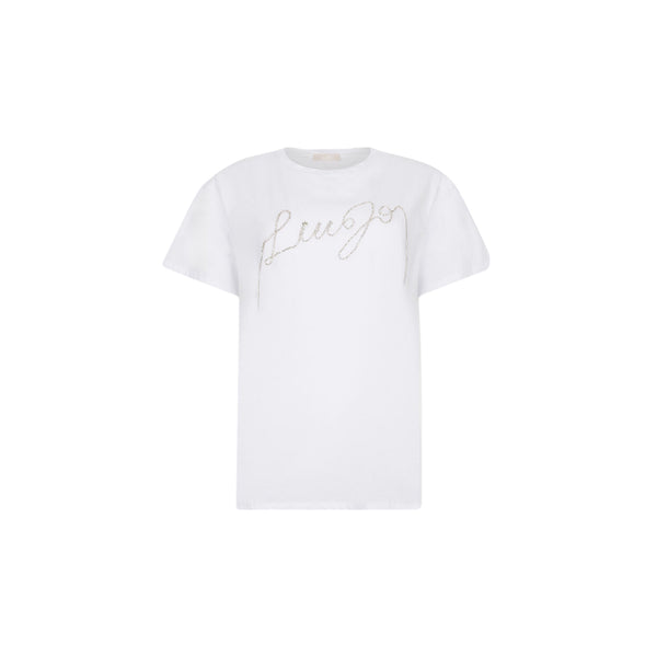 T-shirt Donna Bianco con logo in filo strass