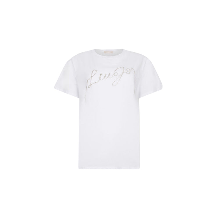T-shirt Donna Bianco con logo in filo strass