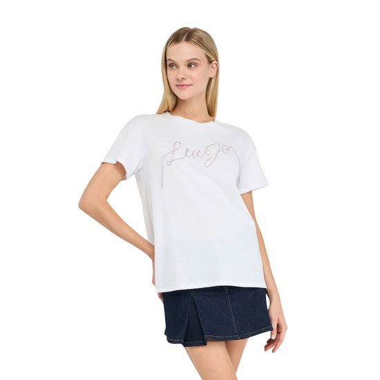 T-shirt Donna Bianco con logo in filo strass modella frontale
