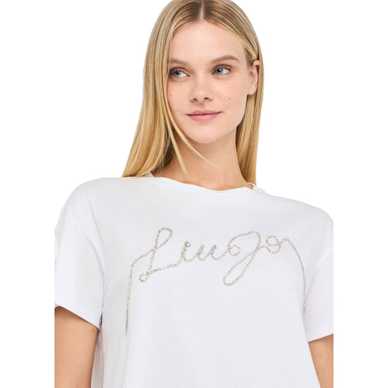 T-shirt Donna Bianco con logo in filo strass modella frontale ravvicinata