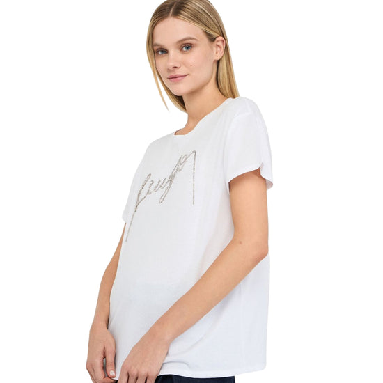 T-shirt Donna Bianco con logo in filo strass modella laterale