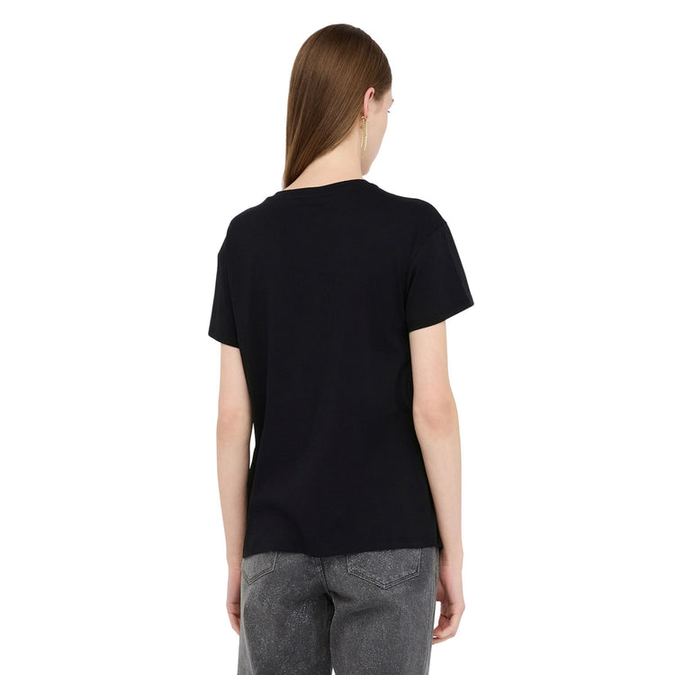 T-shirt Donna Nero con logo con strass pendenti modella retro