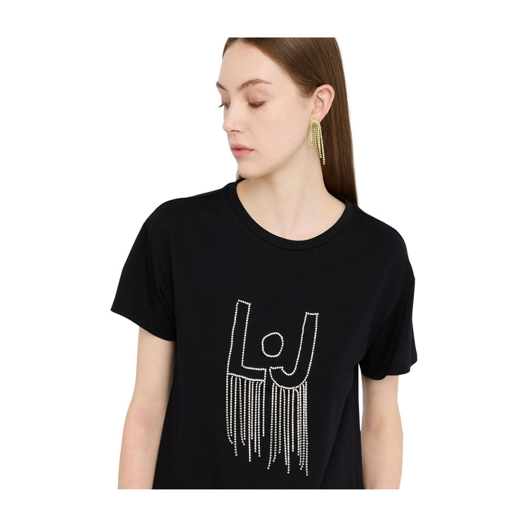 T-shirt Donna Nero con logo con strass pendenti modella frontale ravvicinata