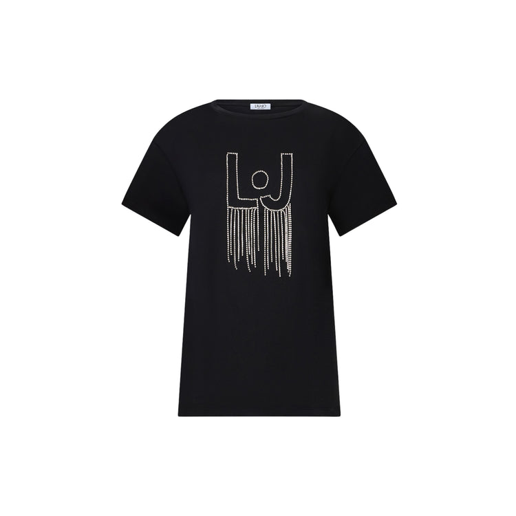 T-shirt Donna Nero con logo con strass pendenti