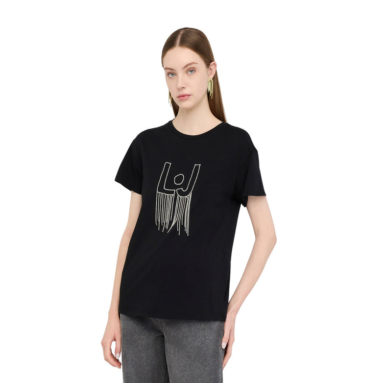 T-shirt Donna Nero con logo con strass pendenti modella frontale