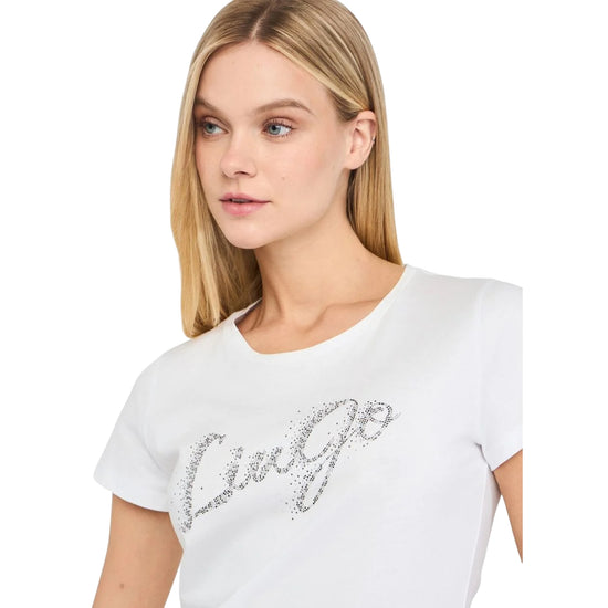 T-shirt Donna Bianco con logo strass modella frontale ravvicinata