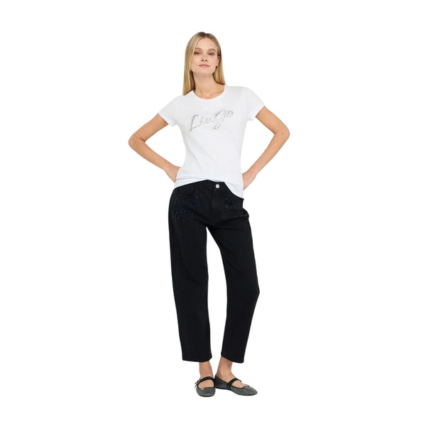 T-shirt Donna Bianco con logo strass modella intera frontale