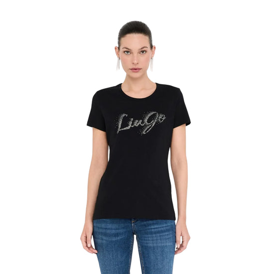 T-shirt Donna Nero con logo strass modella frontale