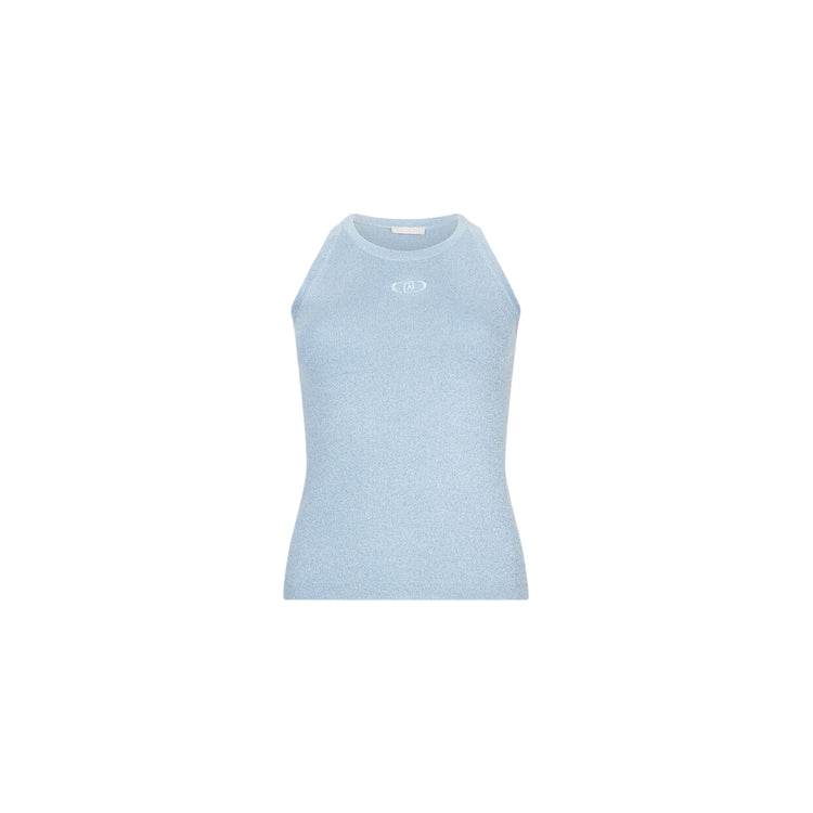 Top Donna in maglia lurex con scollo tondo Celeste