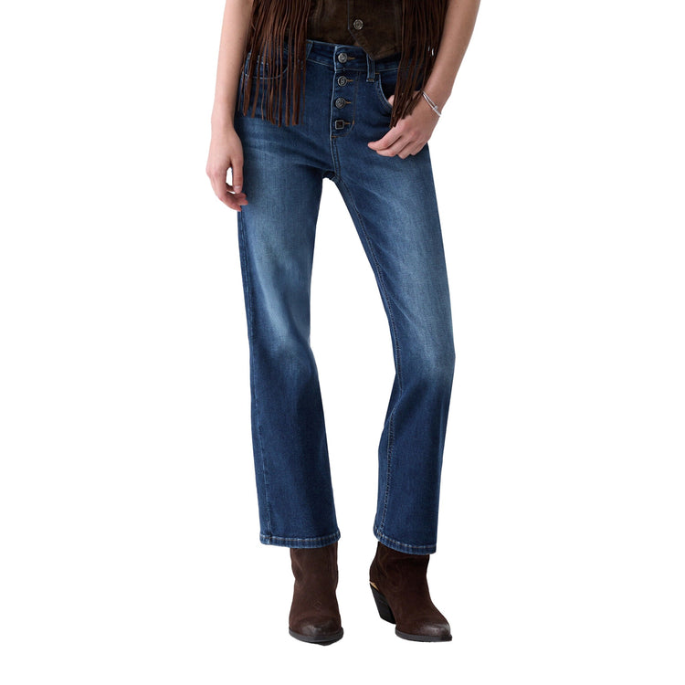 Jeans bootcut Donna con bottoni gioiello modella frontale