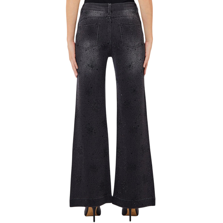 Jeans Donna a zampa, in denim nero, con strass neri, modella retro