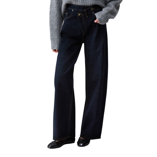 Jeans Donna scuro, cinque tasche, con vita incrociata