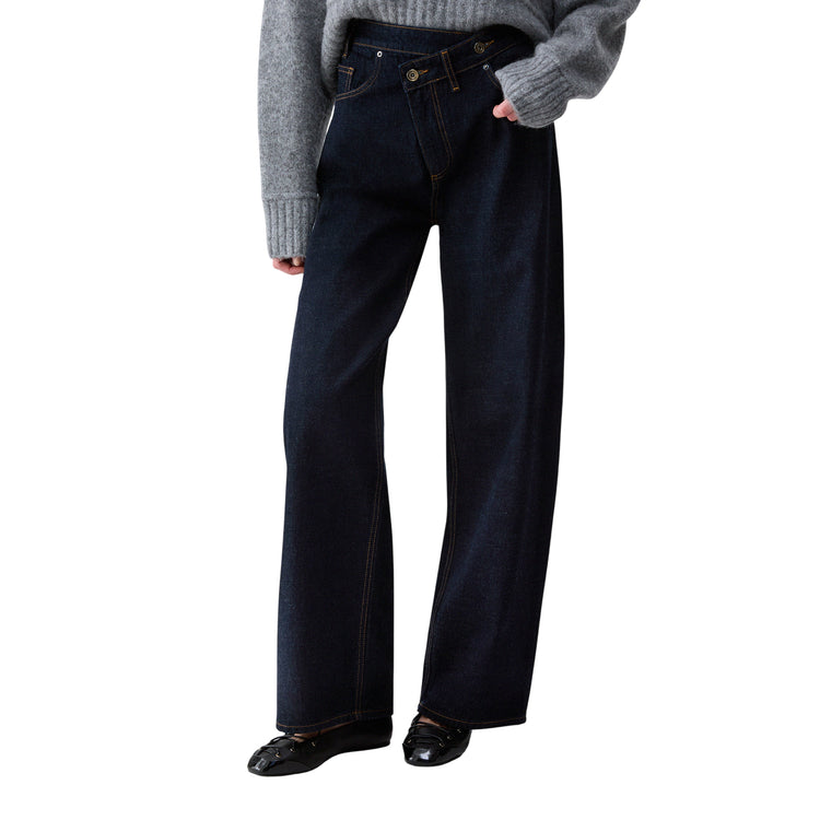 Jeans Donna scuro, cinque tasche, con vita incrociata